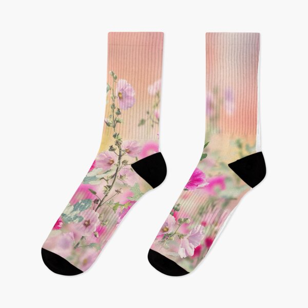 Item preview, Pink and red Hollyhock flowers blooming in the garden designed and sold by svetlanna.