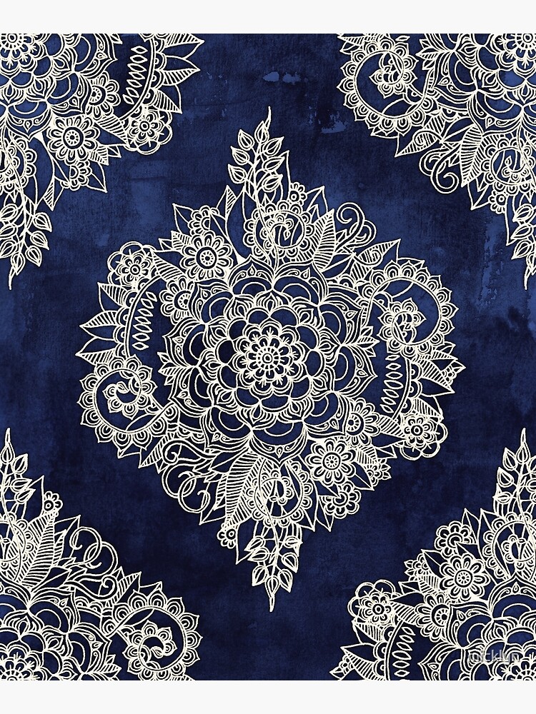 Cream Floral Moroccan Pattern on Deep Indigo Ink by micklyn