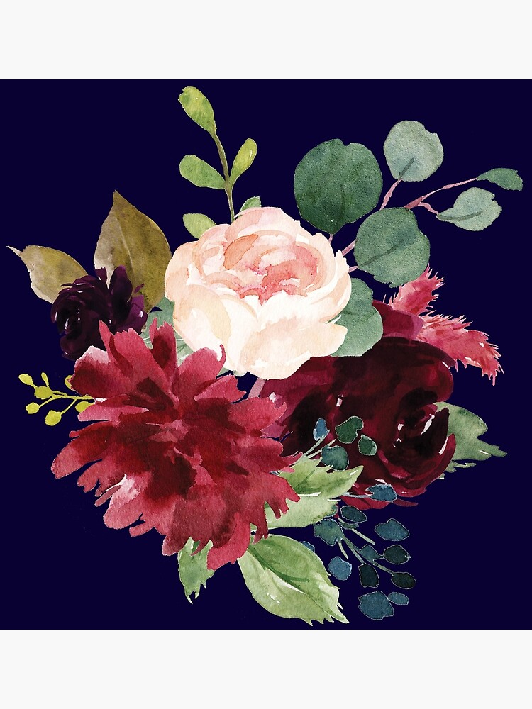 "Navy, Burgundy and Blush Floral Art with Eucalyptus" Art Print for