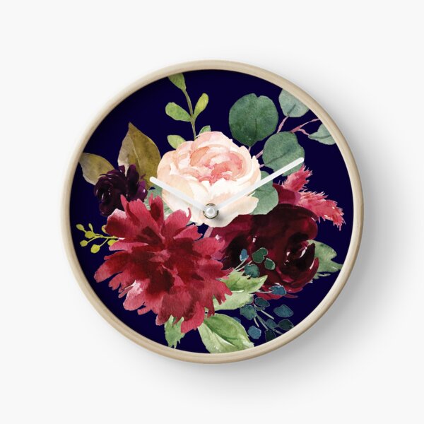 Navy, Burgundy and Blush Floral Art with Eucalyptus Clock