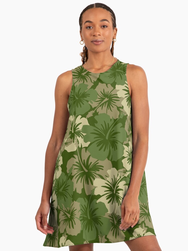 Epic Hibiscus Hawaiian Floral Aloha Shirt Print - Olive Green Aloha A-Line Dress Epic Hibiscus Hawaiian Floral Aloha Shirt Print - Olive Green Aloha A-Line Dress