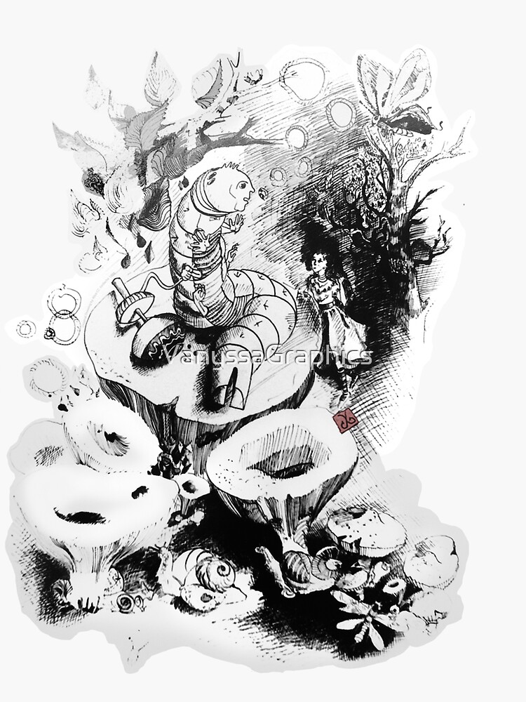 "Alice in Wonderland Caterpillar Talk (original ink drawing by ACCI