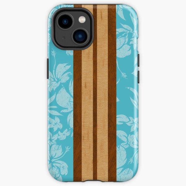 Sunset Beach Hawaiian Faux Koa Wood Surfboard - Aqua iPhone Tough Case