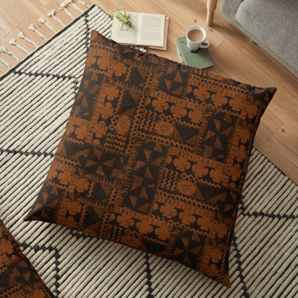 Kalalau Tapa Hawaiian Hibiscus Vintage Aloha impression - Orange et brun Coussin de sol