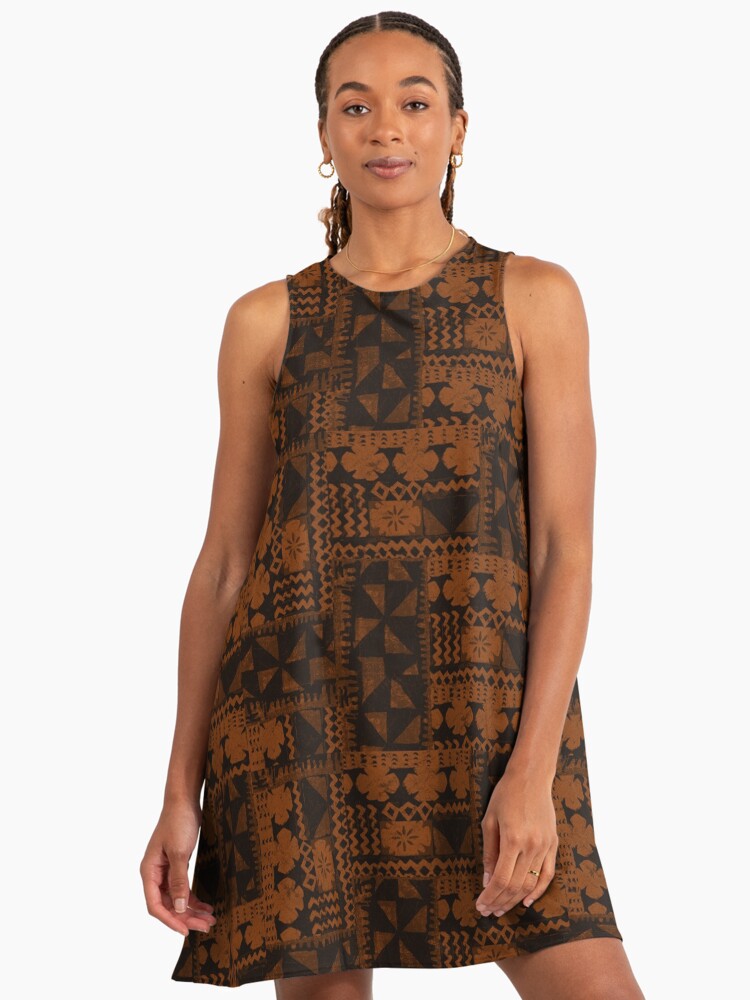 Kalalau Tapa Hawaiian Hibiscus Vintage Aloha Print - Orange & Brown Aloha A-Line Dress Kalalau Tapa Hawaiian Hibiscus Vintage Aloha Print - Orange & Brown Aloha A-Line Dress