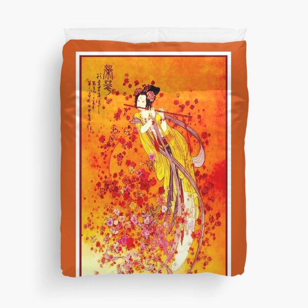 JAPANESE GEISHA PLAYING FLUTE: Vintage Tourism Print Duvet Cover