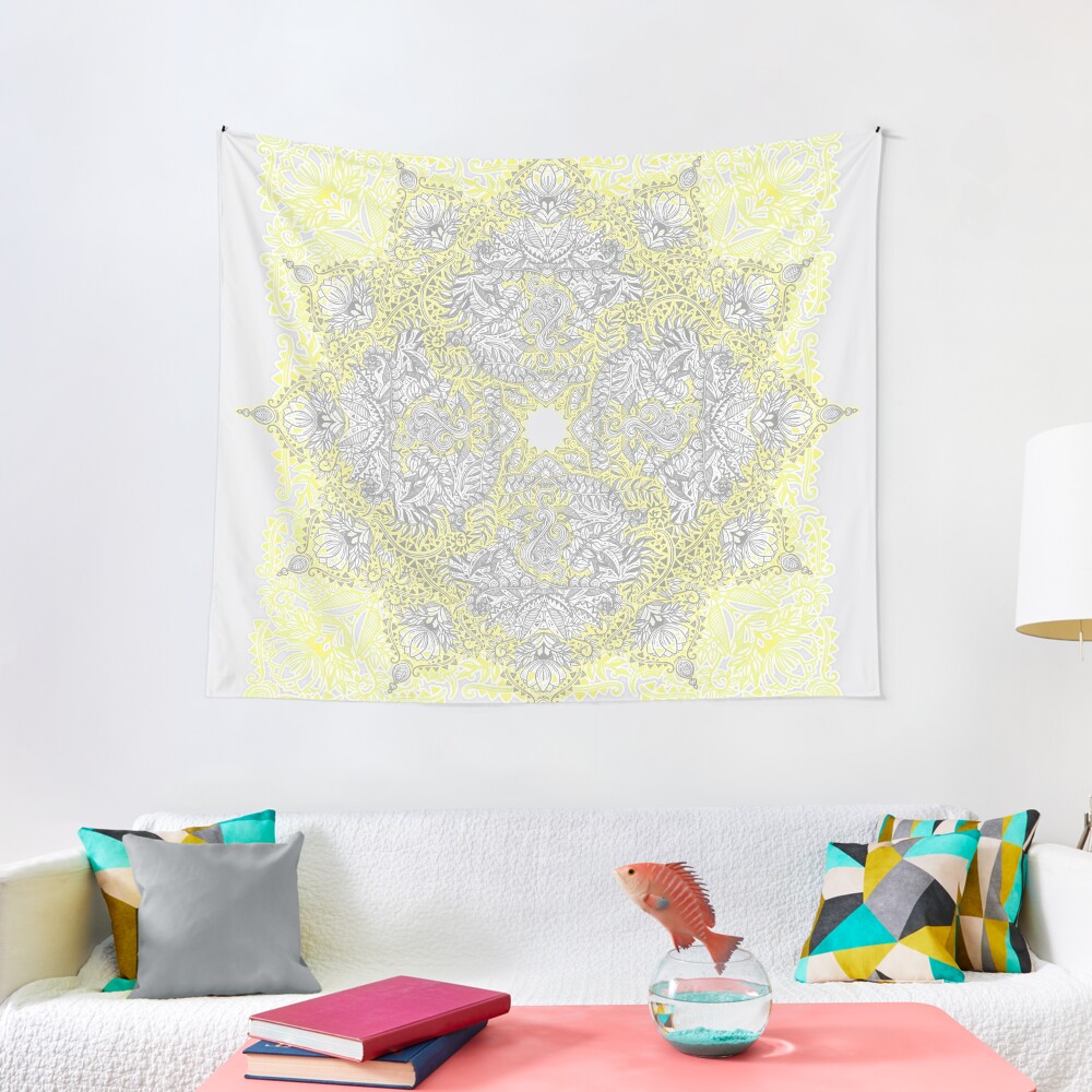 Sunny Doodle Mandala in Yellow & Grey | Tapestry