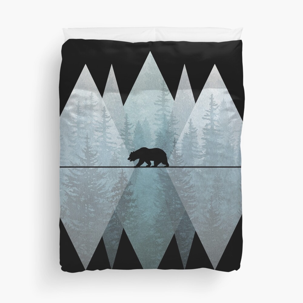 Misty Forest Mountain Bear Duvet Cover