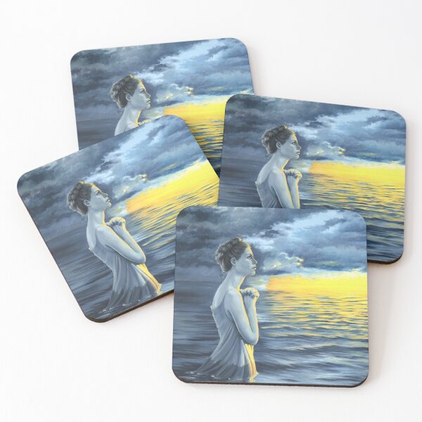 Item preview, Hopeful. Praying woman in water at night with orange light on the horizon designed and sold by Debbie Clark.