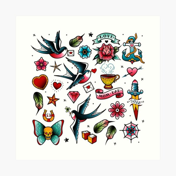 Traditional Nautical Tattoo Flash Art Print By Dablurart Redbubble