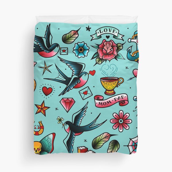 Old school tattoo stickers of swallows, diamonds, heart, rose, anchor Duvet Cover