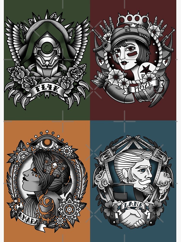 1920's Tattoo Style Borderlands 3 Squad Mono Color" Art Board Print for Sale by Toffee Bee