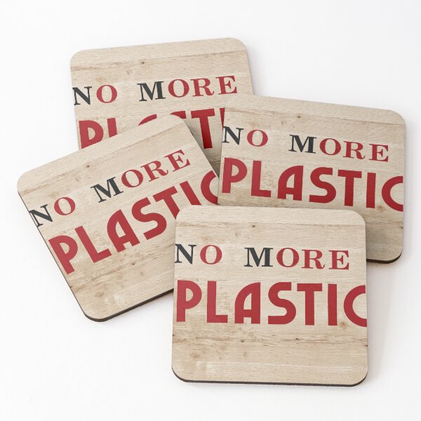Item preview, Environmental awareness care vindication shot. It shows a red and black wooden background with motto no more plastic. designed and sold by Claraveritas.