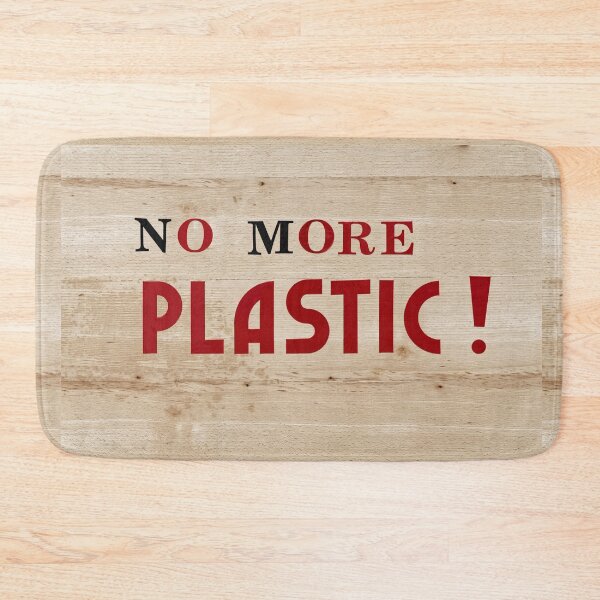 Item preview, Environmental awareness care vindication shot. It shows a red and black wooden background with motto no more plastic. designed and sold by Claraveritas.