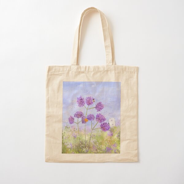 "Verbena, Butterflies and a Bee," Whimsical Painting Cotton Tote Bag