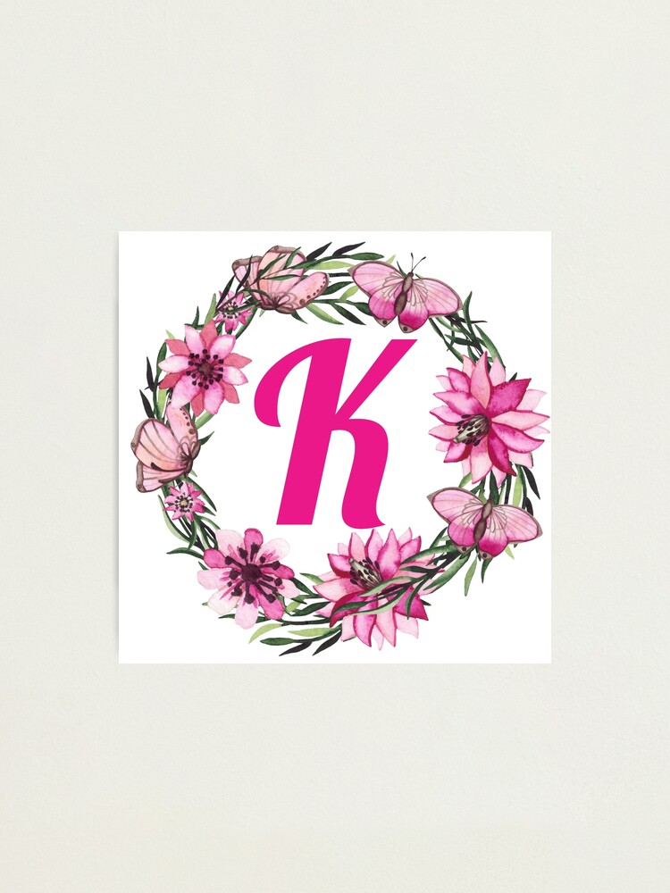 letter k alphabet monogram wreath pink flower and butterfly photographic print for sale by atevern redbubble