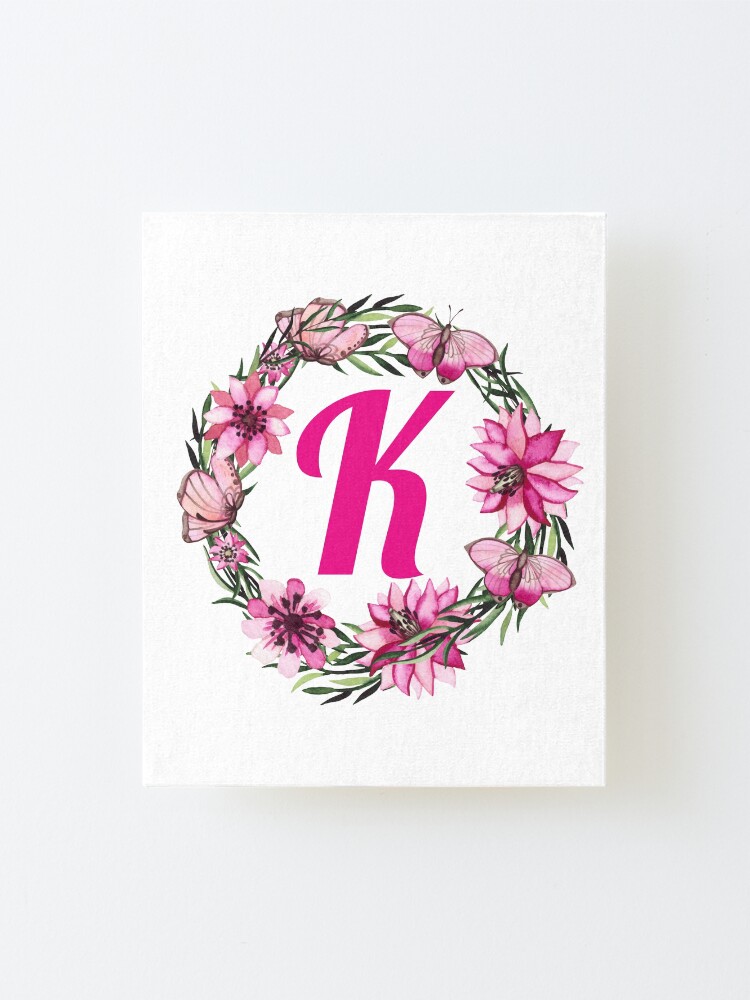 letter k alphabet monogram wreath pink flower and butterfly mounted print by atevern redbubble