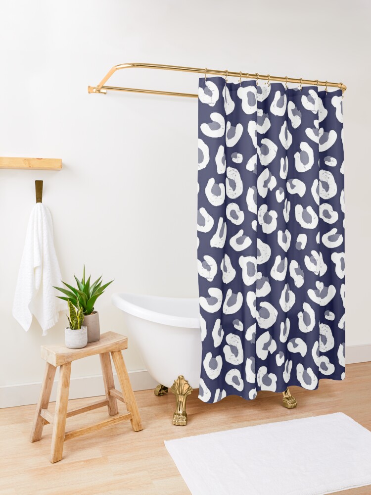 Shower Curtain, Leopard Print - Navy Blue and White  designed and sold by daisy-beatrice