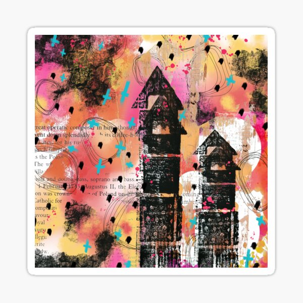 Coral, pink, yellow and black digital abstract whimsical house design Sticker