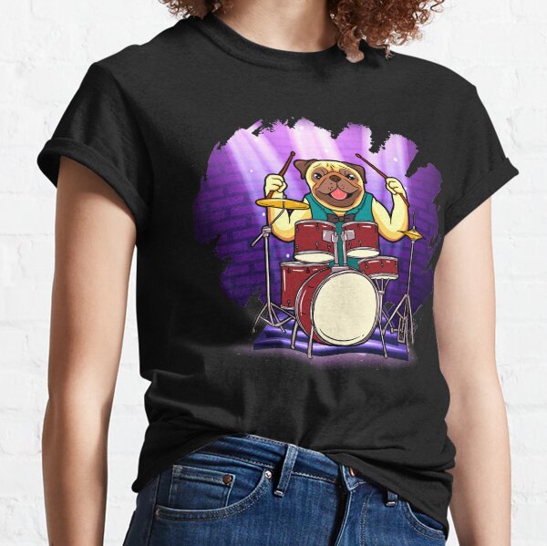 Bulldog Drummer Holding Up Drumsticks Behind His Drum Set Classic T-Shirt