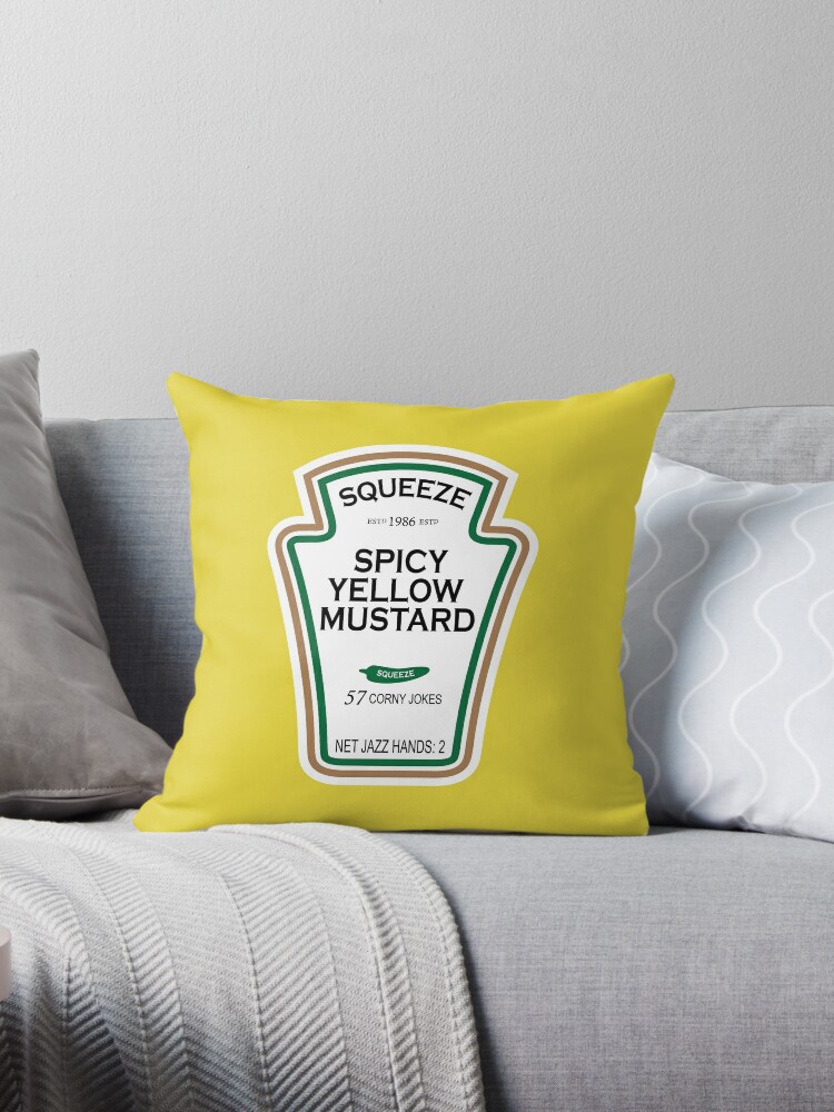 Funny Customizable Mustard Label Throw Pillow By Fancyhatpenguin Redbubble