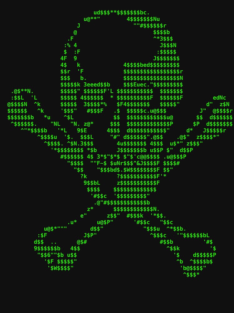 "ASCII Skull and Crossbones Hacker Edition" Tshirt by