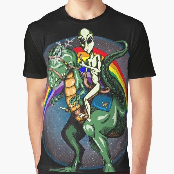 Alien On Dinosaur, In Front Of Rainbow Graphic T-Shirt