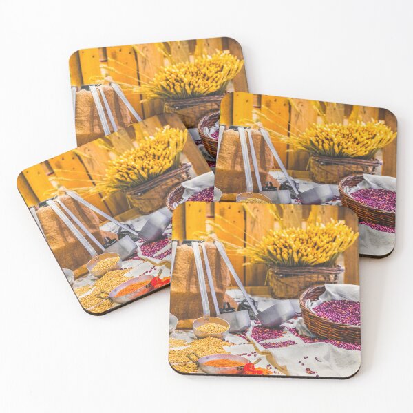 Item preview, barn building interior table with cereals grains ladle farm granary traditional legumes agricultural rural background designed and sold by fineartitalia.