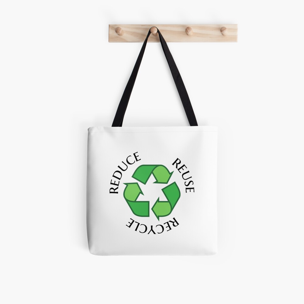 Reduce reuse recycle green recycling symbol sticker and tote bag