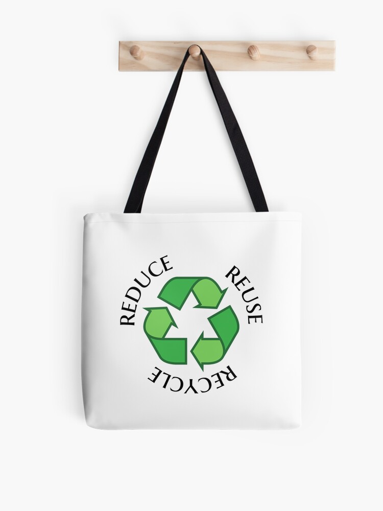 Reduce reuse recycle green recycling symbol sticker and tote bag