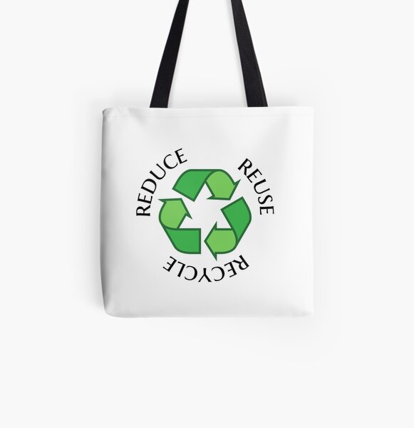 Reduce reuse recycle green recycling symbol sticker and tote bag