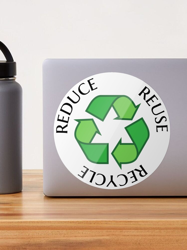 Reduce reuse recycle green recycling symbol sticker and tote bag