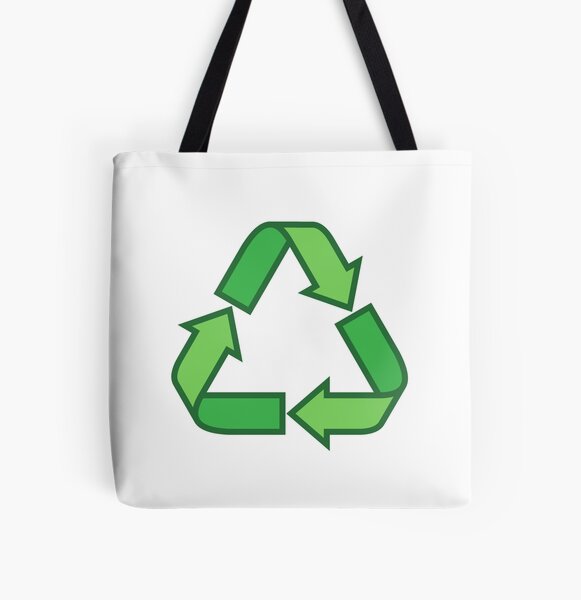 Reduce reuse recycle green recycling symbol sticker and tote bag