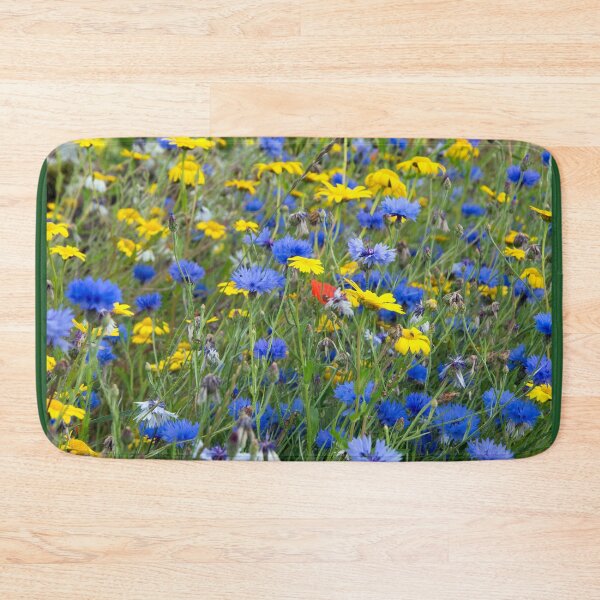 Blue Cornflowers and Yellow Daisies Bath Mat