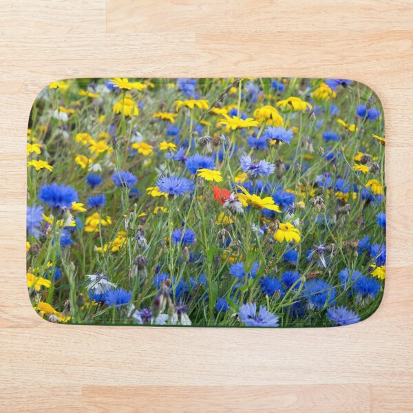 Blue Cornflowers and Yellow Daisies Bath Mat
