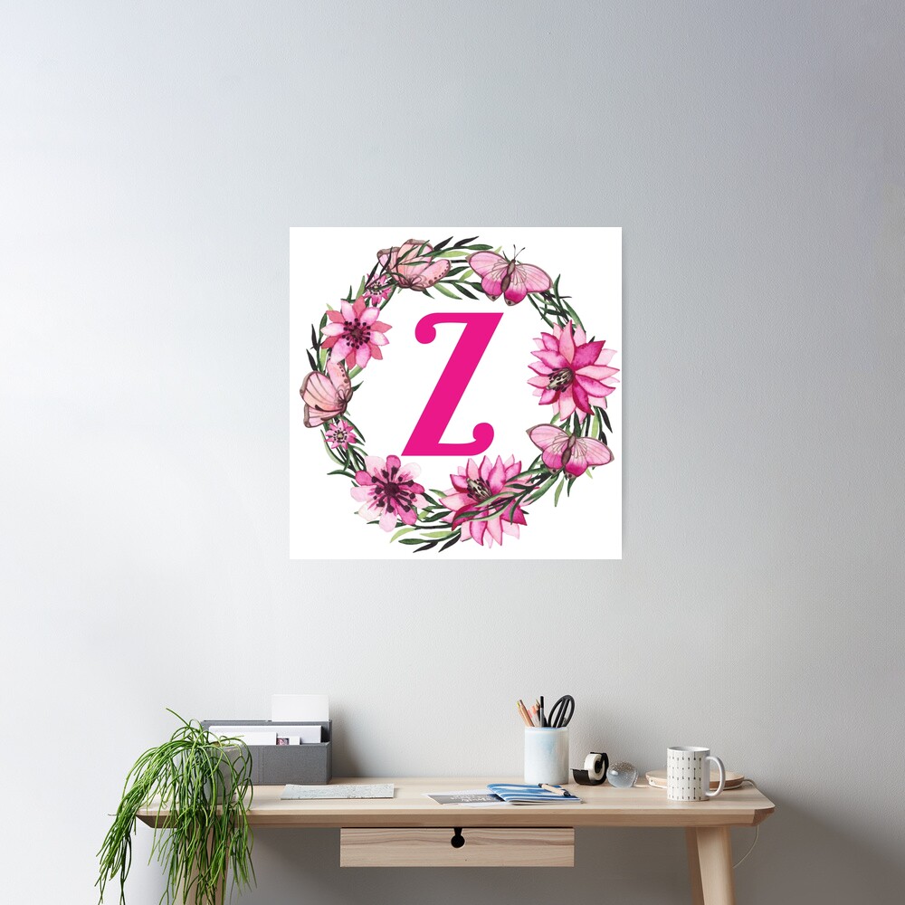 letter z alphabet monogram wreath pink flower and butterfly