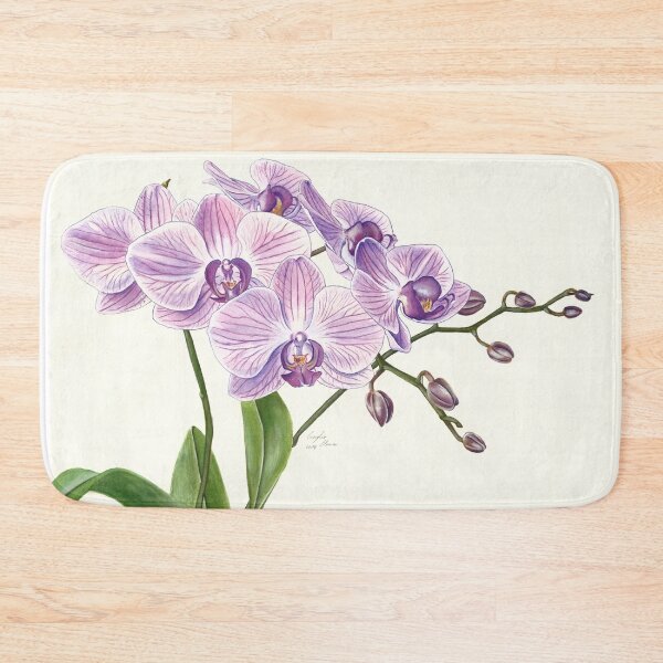 Purple Phalaenopsis Orchid traditional illustration Bath Mat