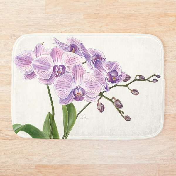 Purple Phalaenopsis Orchid traditional illustration Bath Mat