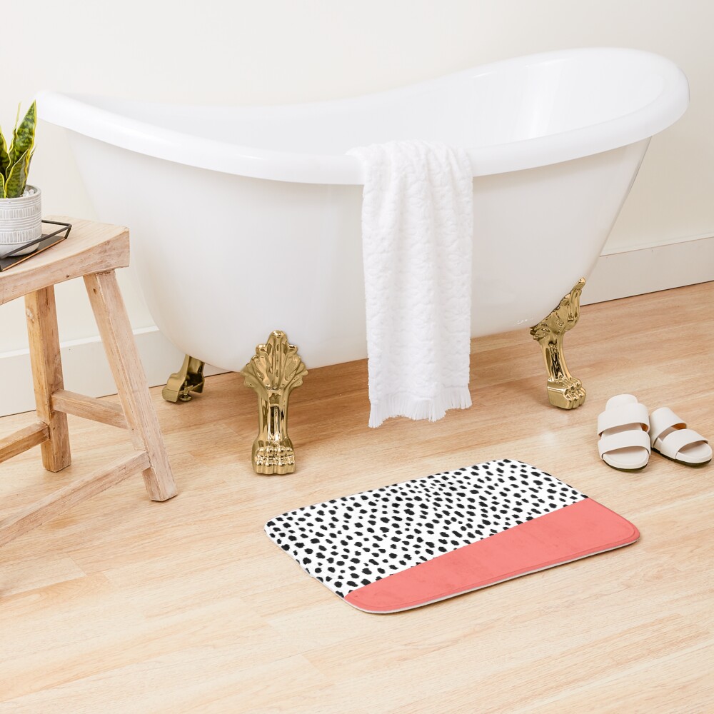 Dalmation Spots with Coral Stripe (Pantone Living Coral) Bath Mat
