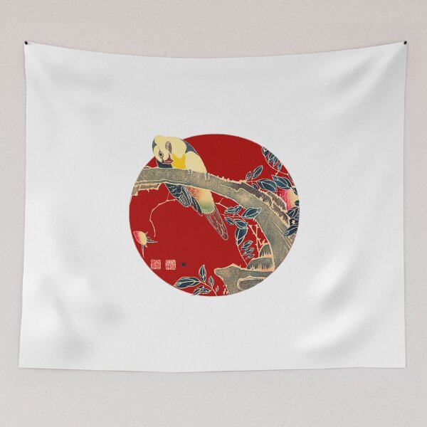 Item preview, Japanese Flag - Parrot on the Branch of a Flowering Rose Bush designed and sold by weavernap.