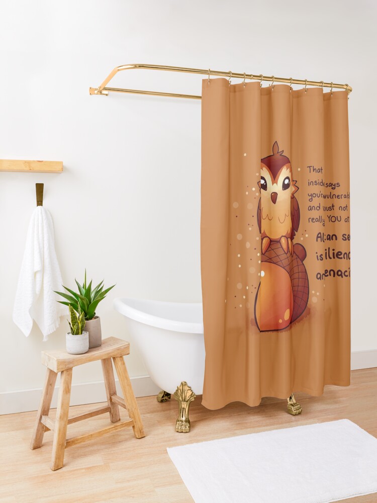 Alternate view of "All I Can See is Resilience" Tiny Acorn Owl Shower Curtain