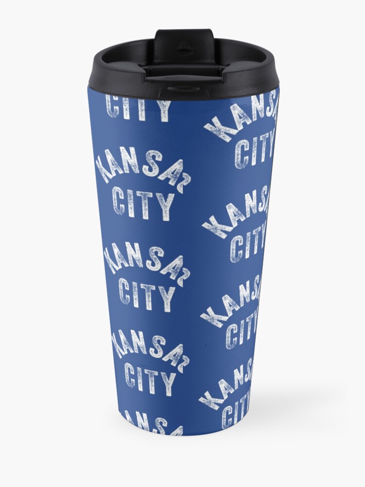 Alternate view of KC Royal Blue Classic Kansas City Vintage Local Kc Baseball Fan Gear Kansas city KC Face mask Kansas City facemask Travel Mug