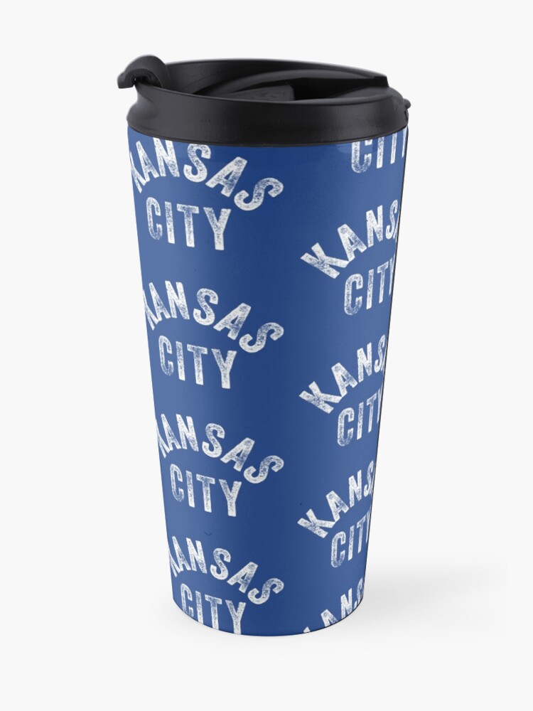 Alternate view of KC Royal Blue Classic Kansas City Vintage Local Kc Baseball Fan Gear Kansas city KC Face mask Kansas City facemask Travel Mug