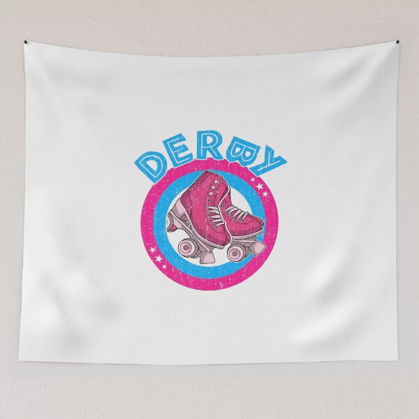 Item preview, Roller Derby Girl 80s Skate Disco - Pink & Blue - Round Text designed and sold by phoxydesign.