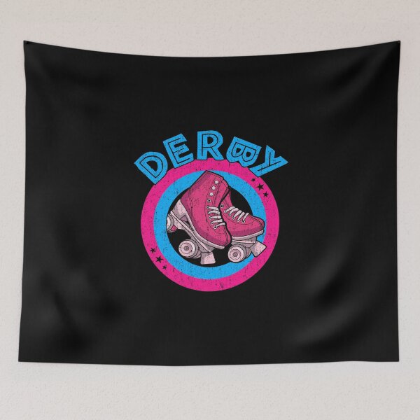 Item preview, Roller Derby Girl 80s Skate Disco - Pink & Blue - Round Text designed and sold by phoxydesign.