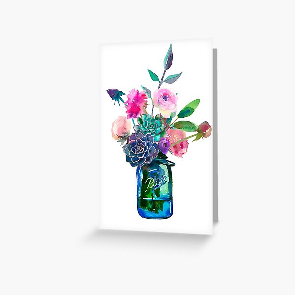 Watercolor mason jar flowers Greeting Card