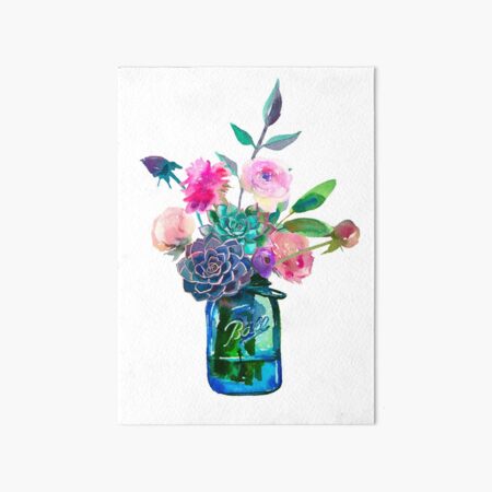 Watercolor mason jar flowers Art Board Print