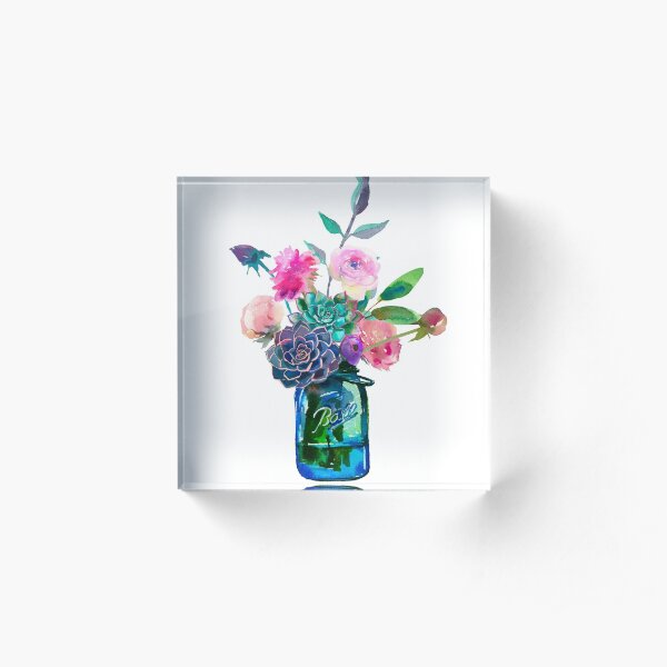 Watercolor mason jar flowers Acrylic Block