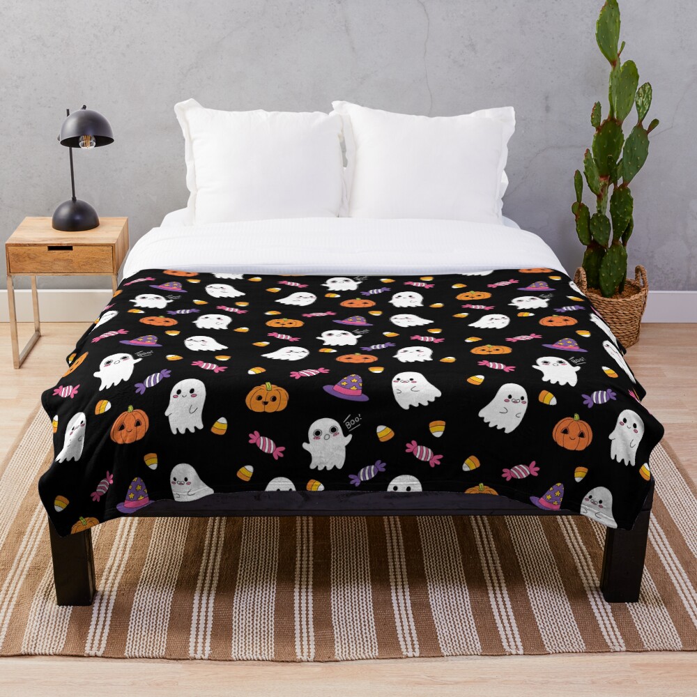 Cute Spoopy Ghosts and Halloween Candy Throw Blanket