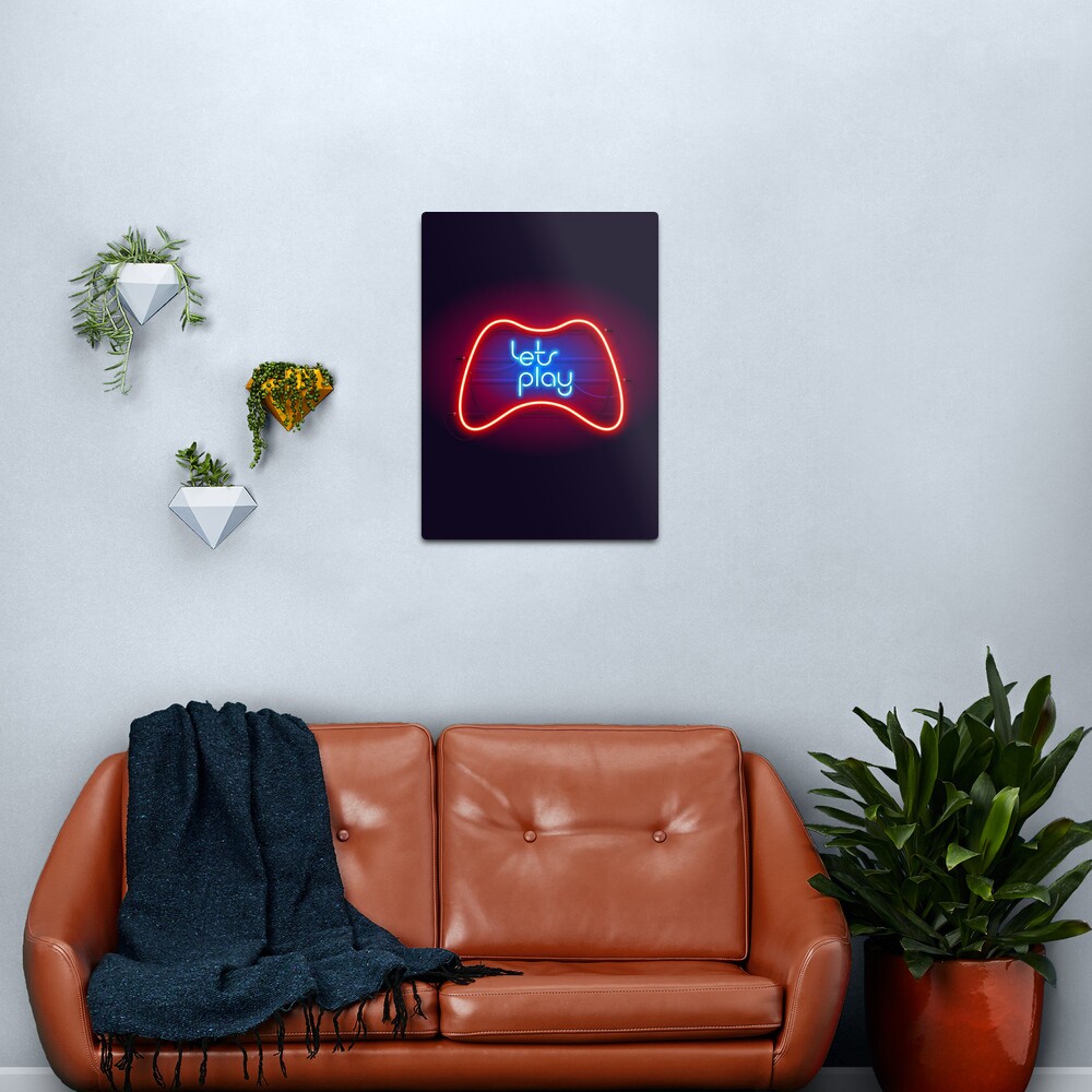 Colorful Neon Let's Play Sign with Game Controller Metal Print